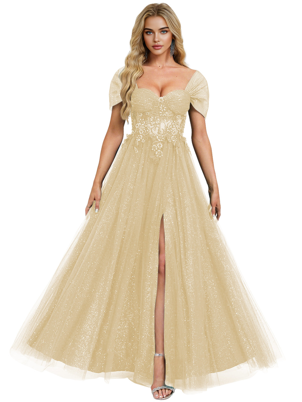 Short Sleeve Glitter Tulle Prom Dress with Illusion Bodice and Slit