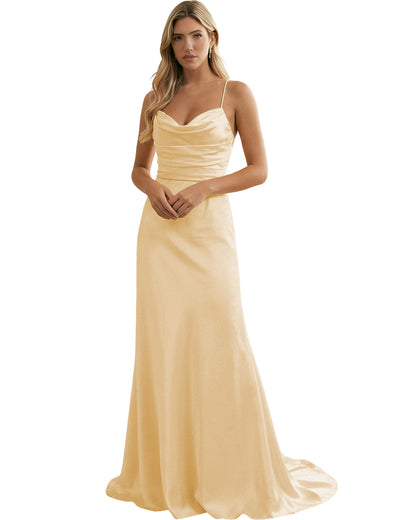 Spaghetti Straps Ruched Satin Floor Length Bridesmaid Dress