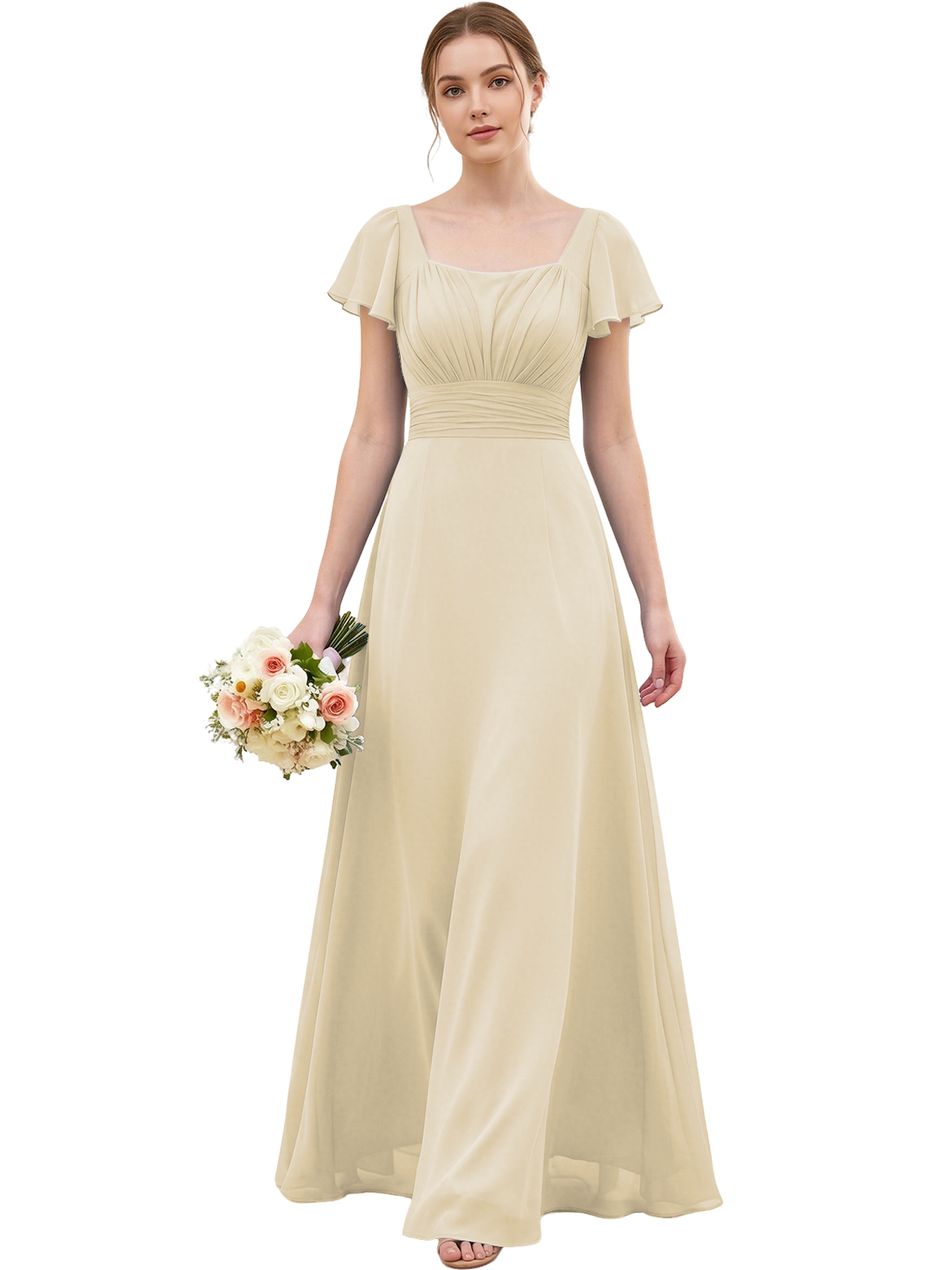 Square Neck Chiffon Bridesmaid Dress with Flutter Sleeves and Lace-Up Back