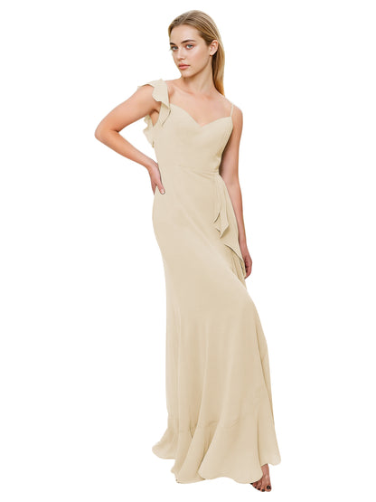 V-Neck Ruffle Strap Bridesmaid Dress with Cascading Chiffon Dress