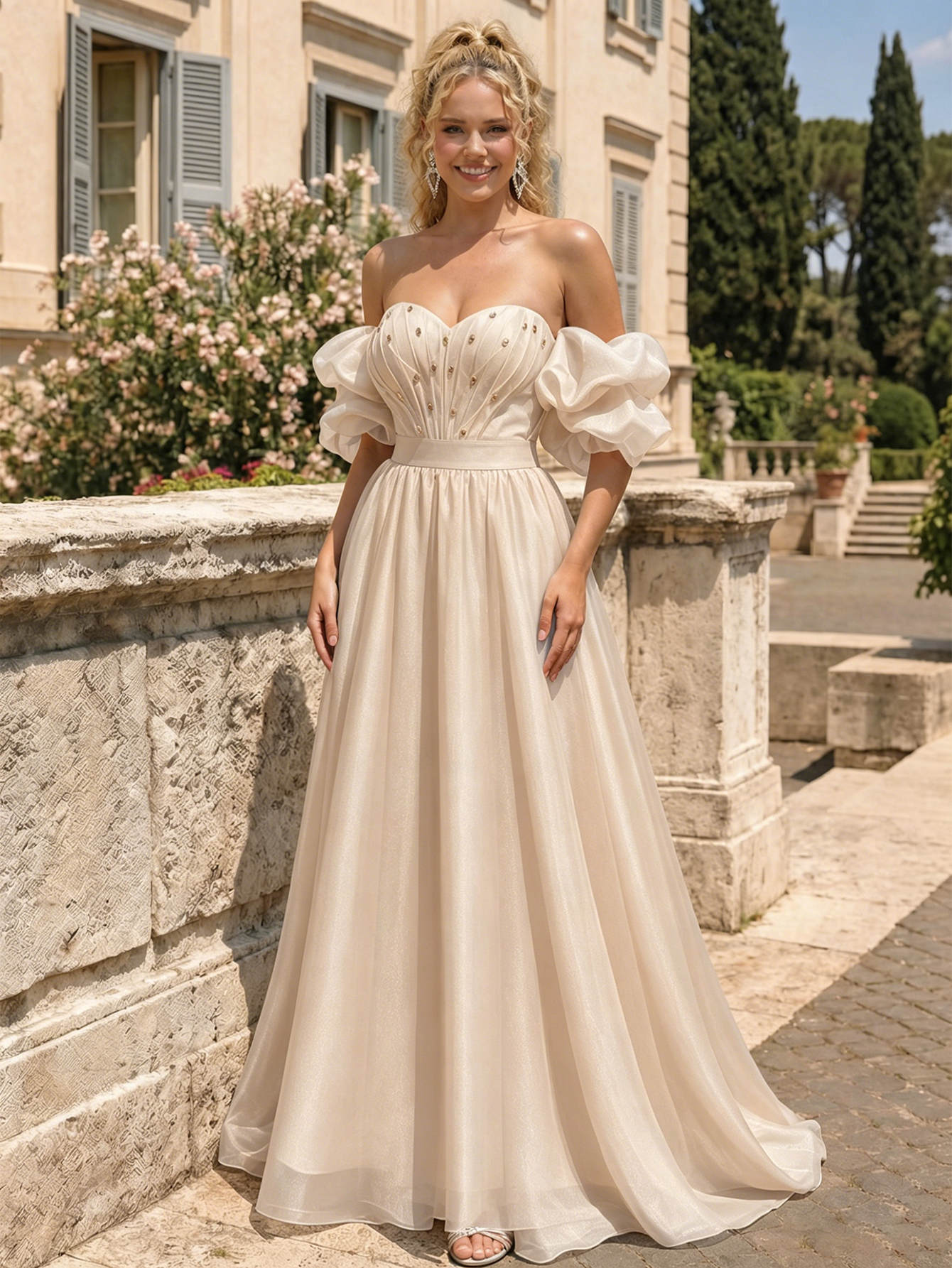 Off The Shoulder Sweetheart A-Line Prom Dress with Puff Sleeves