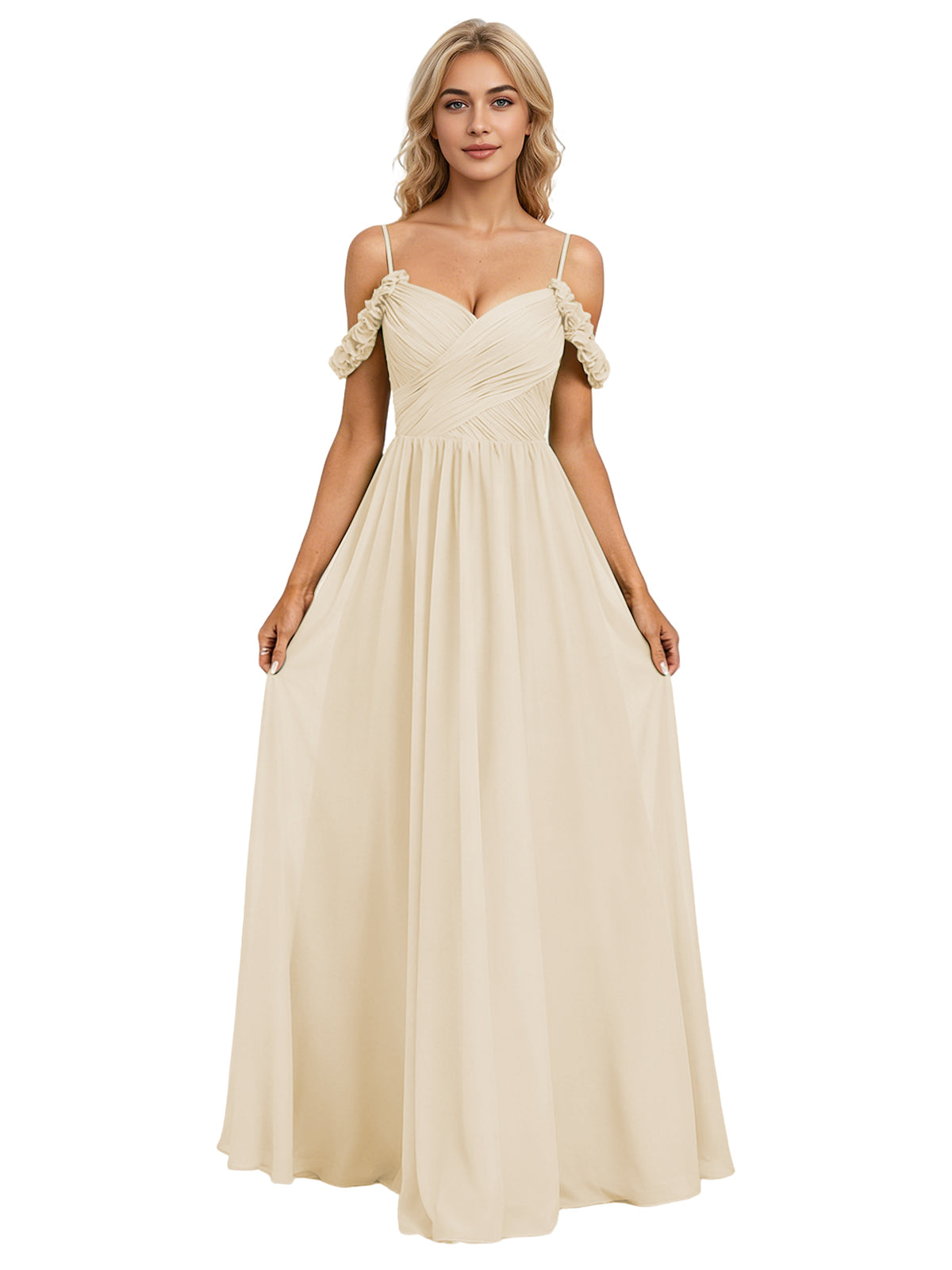 Off Shoulder Lace Applique Bridesmaid Dress with Flowing Chiffon dress