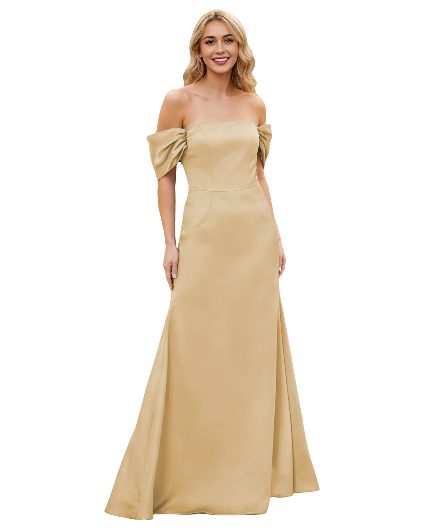 Off Shoulder Satin Bridesmaid Dress with Foldover Neckline and Trumpet Dress