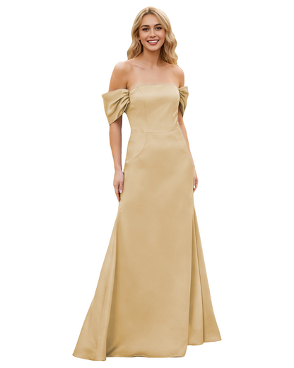 Off Shoulder Satin Bridesmaid Dress with Foldover Neckline and Trumpet Dress