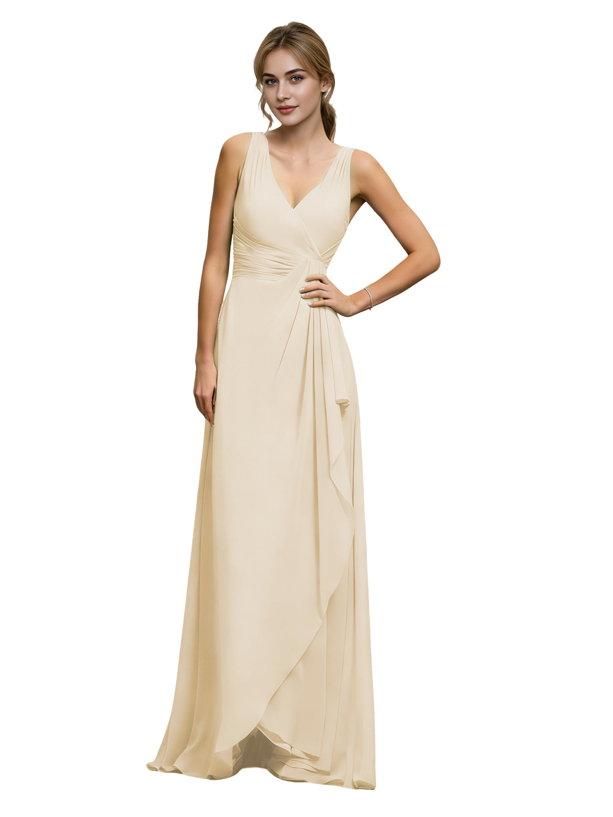 Halter V-Neck Chiffon Bridesmaid Dress with Draped Sash Waist