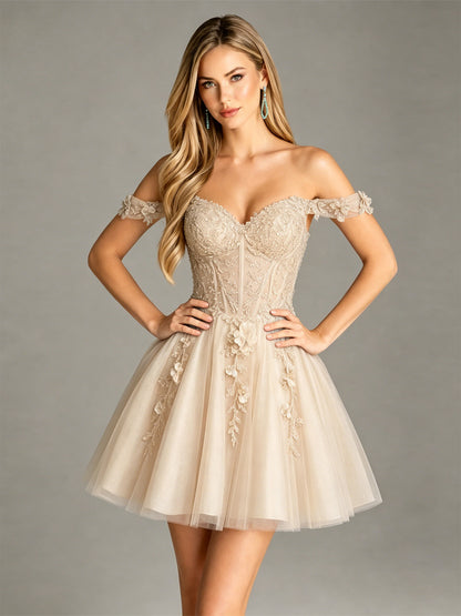 Off Shoulder 3D Floral Corset Glitter Tulle Homecoming Dress