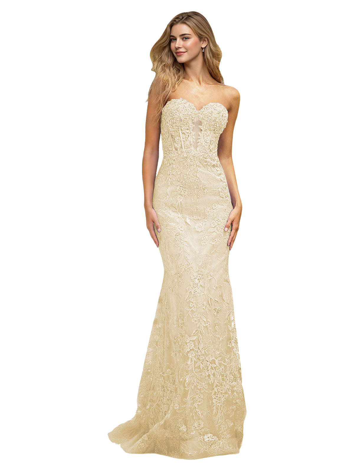 Strapless Floral Lace Mermaid Prom Dress with Sparkle Applique and Train