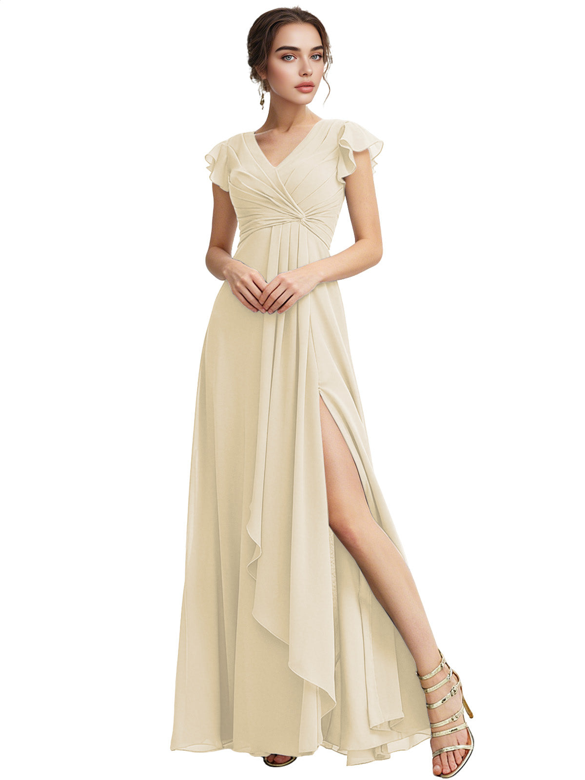 Cap Sleeve Chiffon Bridesmaid Dress with Ruffle V-Neck and Slit