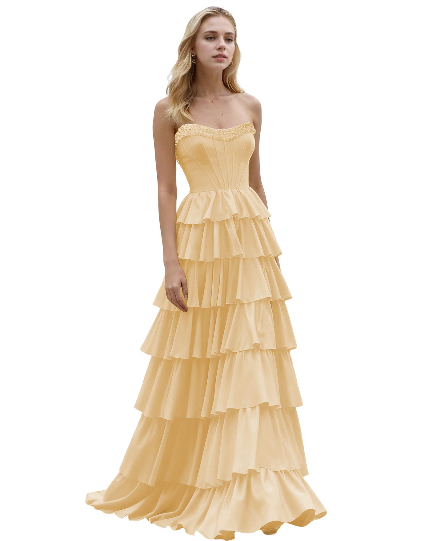 Strapless Tiered Ruffle A-Line Prom Dress with Corset Bodice