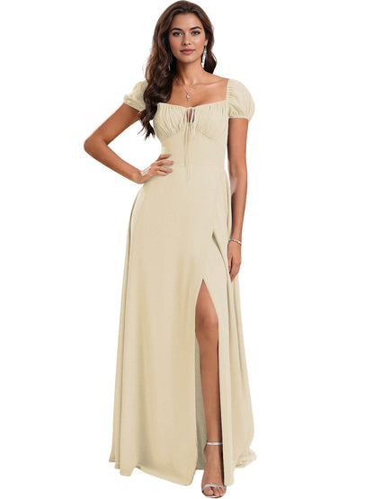 Ruched Short Sleeve Chiffon Bridesmaid Dress with Side Slit
