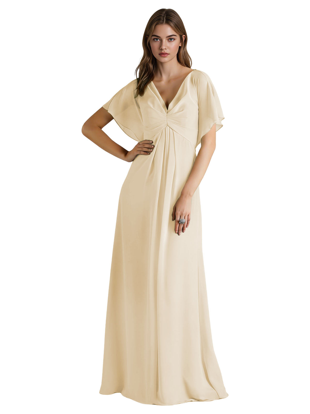 Short Sleeve V-Neck Chiffon Bridesmaid Dress with Gathered Waist