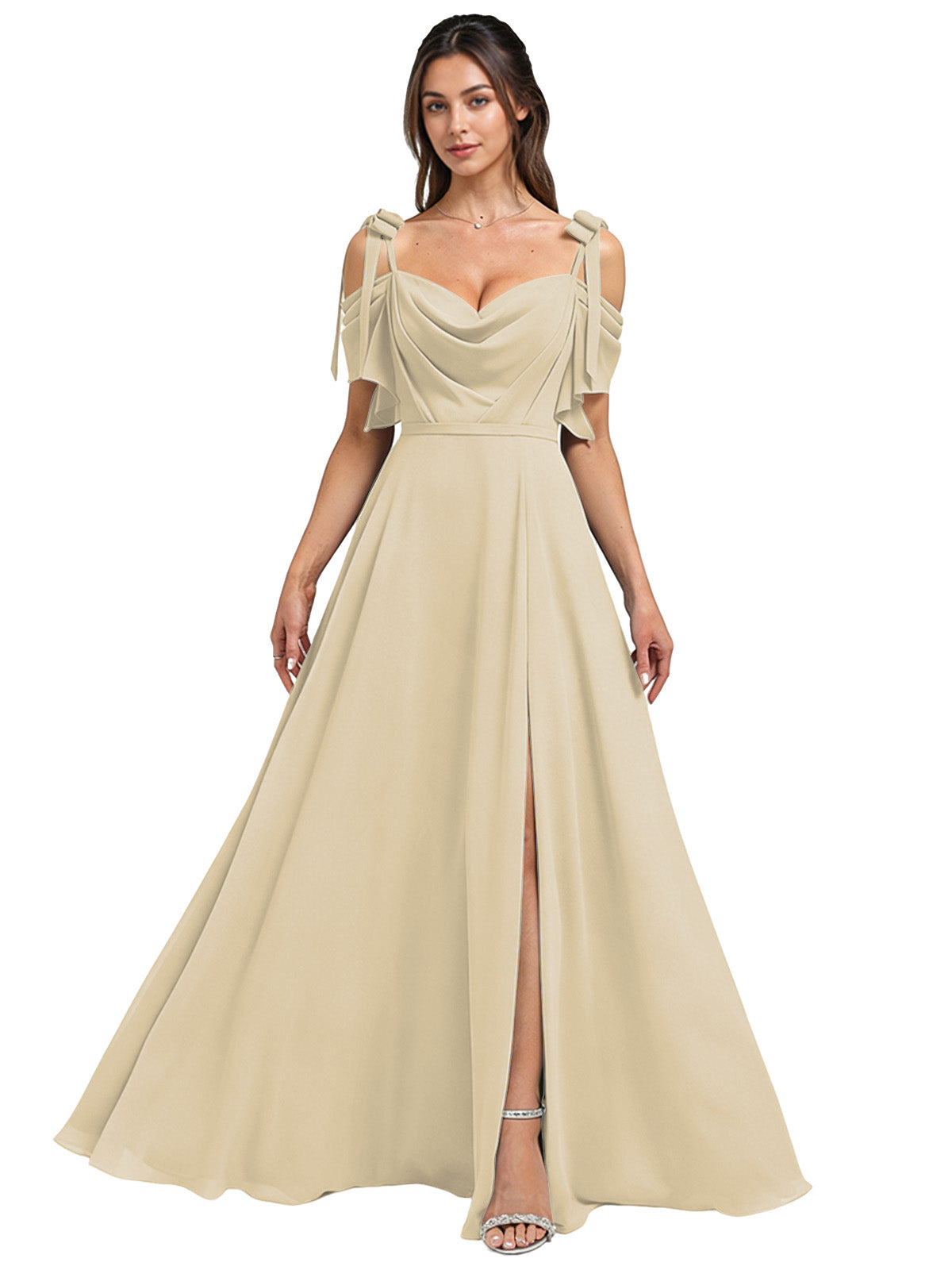 Cowl Neck Cold Shoulder Bridesmaid Dress with High Slit Chiffon Dress