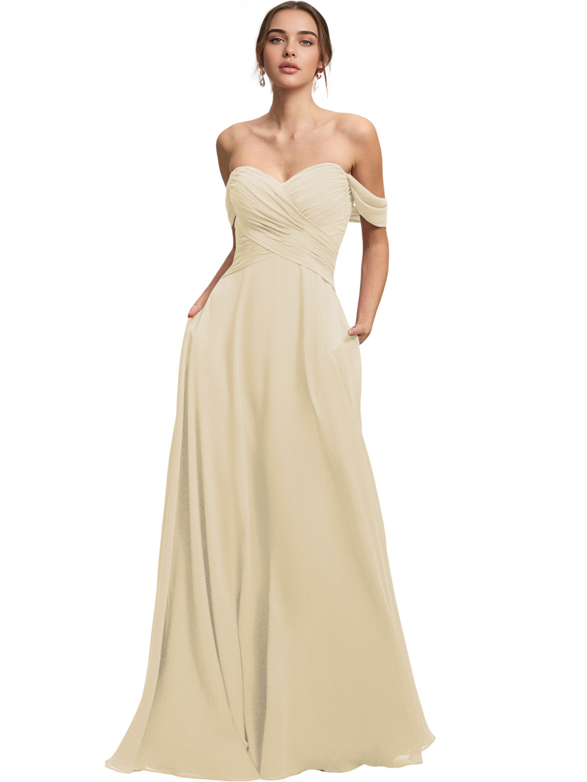 Off Shoulder Chiffon Bridesmaid Dress with Draped Bodice and A-Line Dress