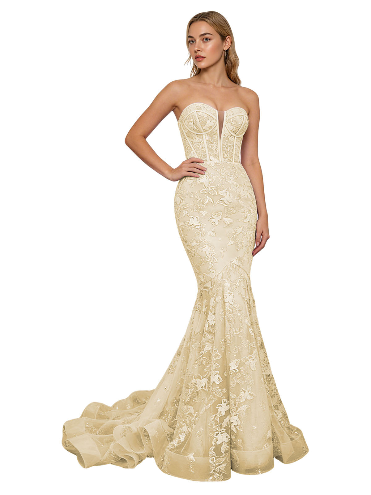 Strapless Lavender Lace Mermaid Prom Dress with Sheer Corset and Train