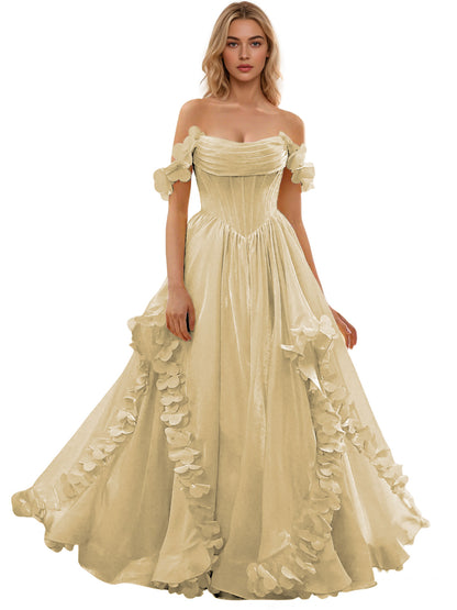 Off Shoulder Ruffle Tulle Ball Gown Prom Dress with Floral Applique