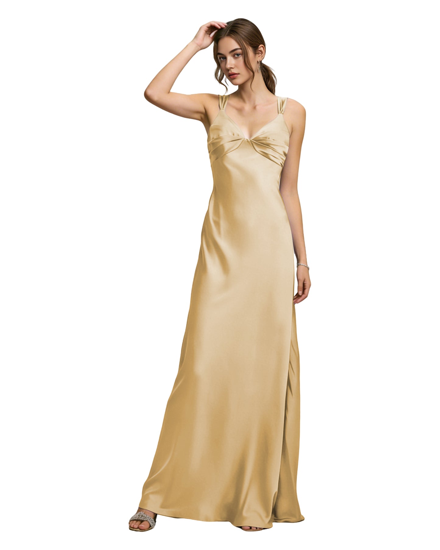 Satin Cowl Neck Bridesmaid Dress with Spaghetti Straps and Bias Cut