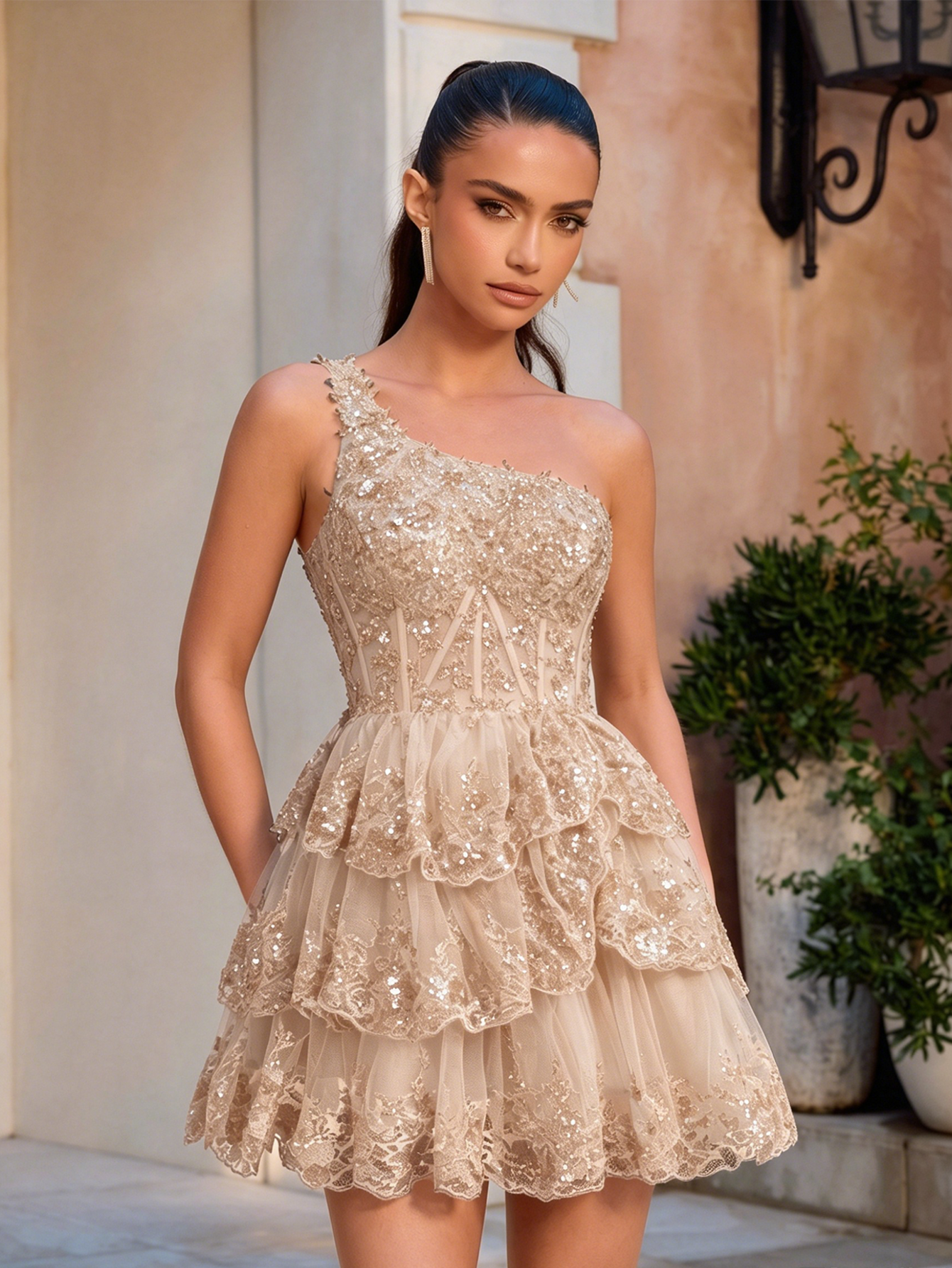 One Shoulder Sequin Lace Corset Tiered Homecoming Dress