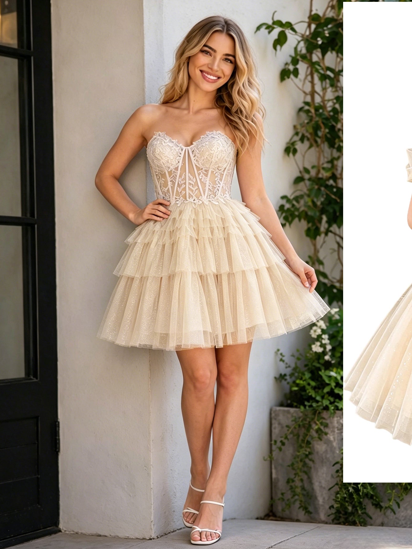 Strapless Lace Corset Homecoming Dress with Tiered Tulle Skirt