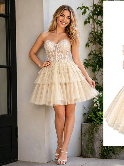 Strapless Lace Corset Homecoming Dress with Tiered Tulle Skirt