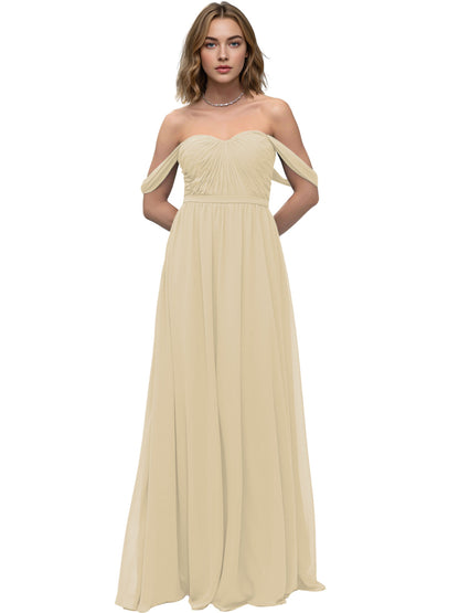 Off Shoulder Sweetheart Chiffon Bridesmaid Dress with Ruched Bodice