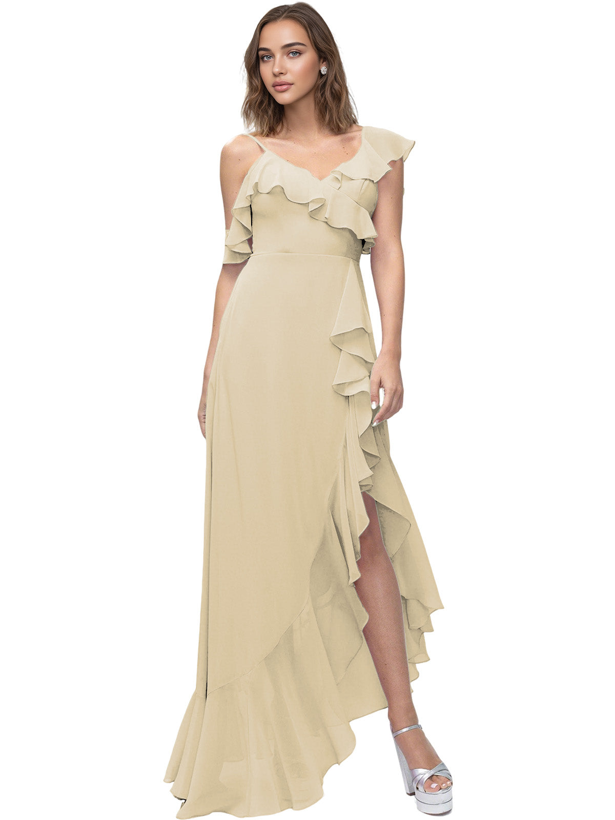 Asymmetrical Ruffle Chiffon Bridesmaid Dress with High Low Slit
