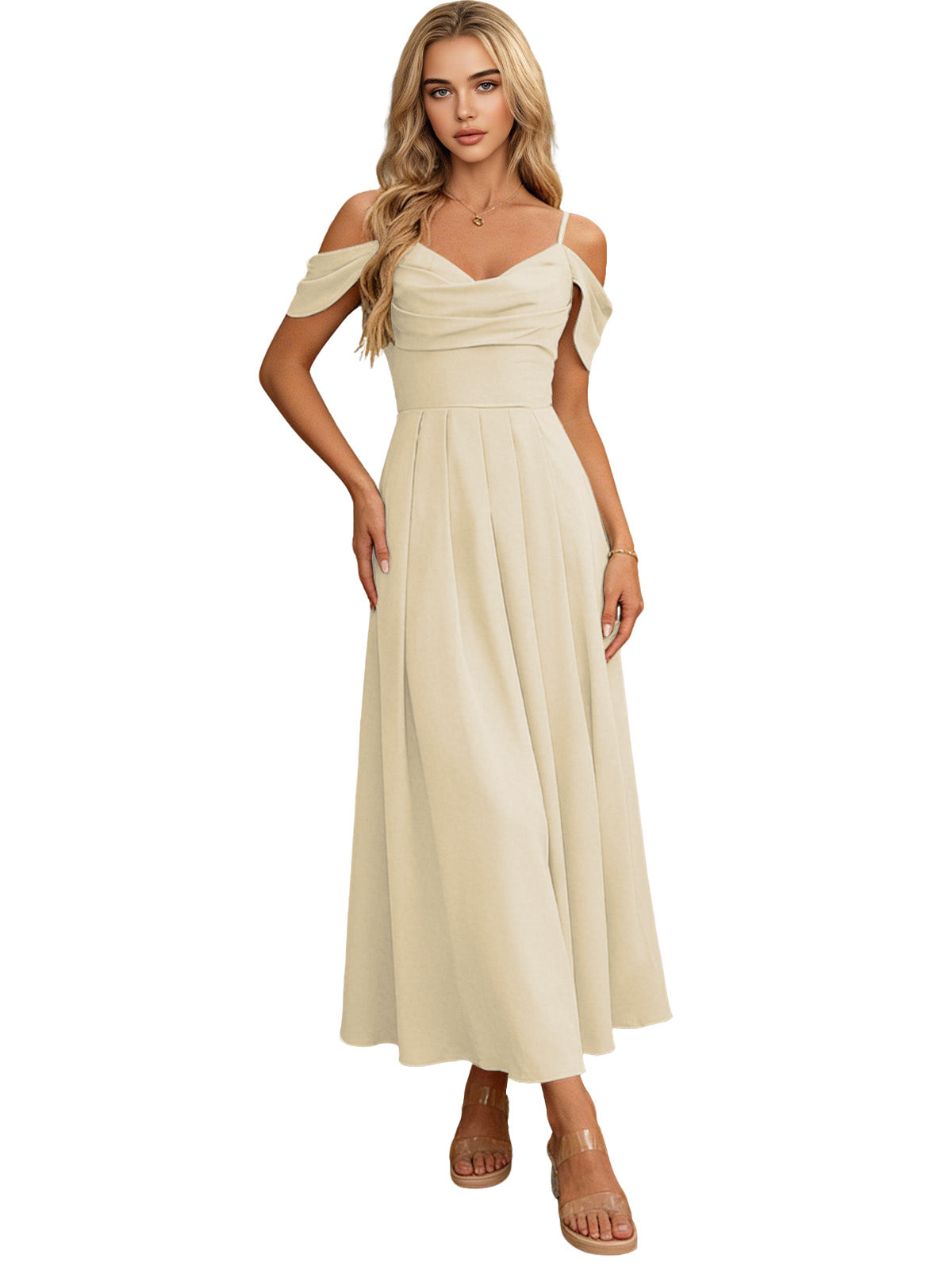 Off Shoulder Midi Bridesmaid Dress with Pleated Bodice and Flowing dress