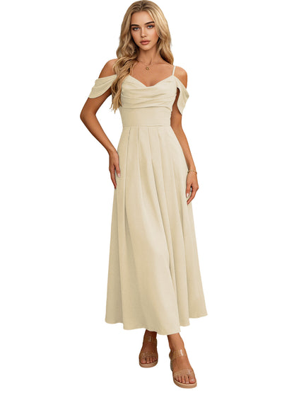Off Shoulder Midi Bridesmaid Dress with Pleated Bodice and Flowing dress