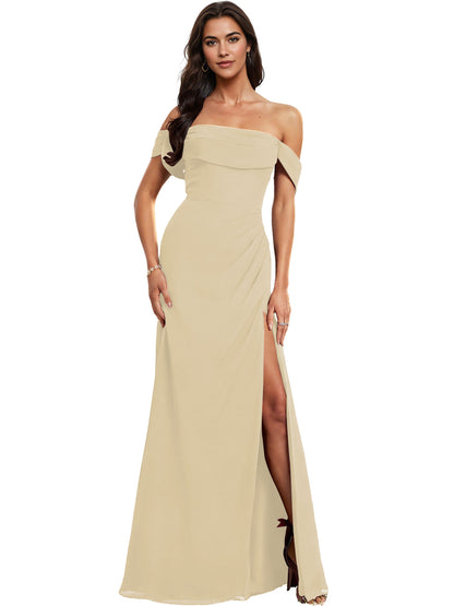 Off Shoulder Crepe Bridesmaid Dress with Foldover Neckline and Slit