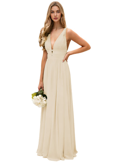 Spaghetti Strap V-Neck Chiffon Bridesmaid Dress with Open Back