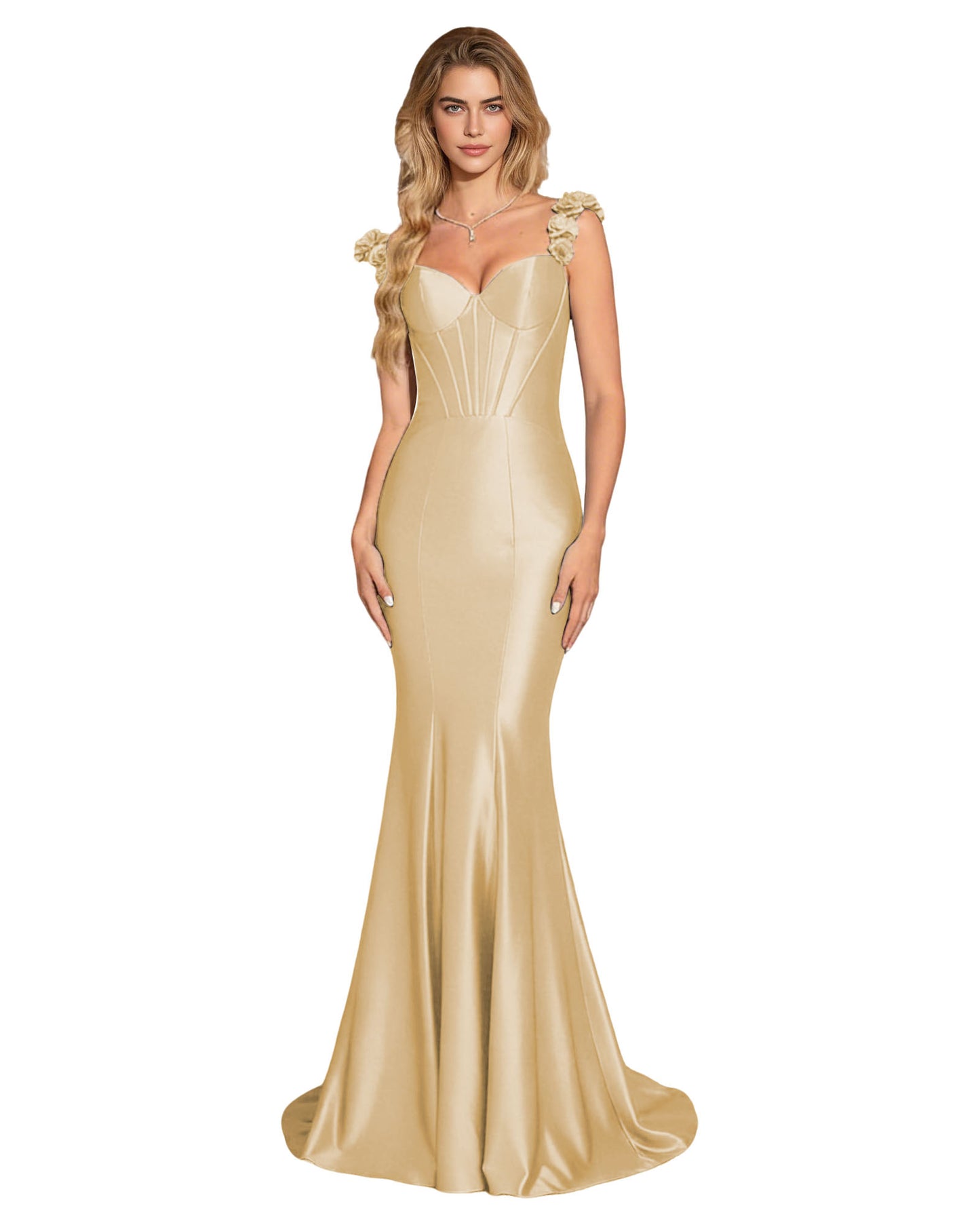 Floral Strap Satin Mermaid Prom Dress with Corset Bodice and Sweep Train