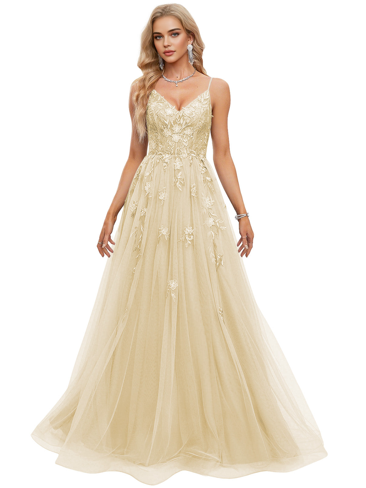 Beaded Bodice Tulle Ball Gown Prom Dress with Spaghetti Straps