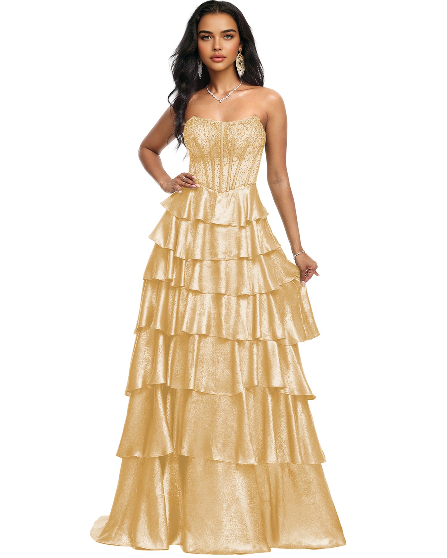 Strapless Tiered Sequin A-Line Prom Dress with Ruffle Layers