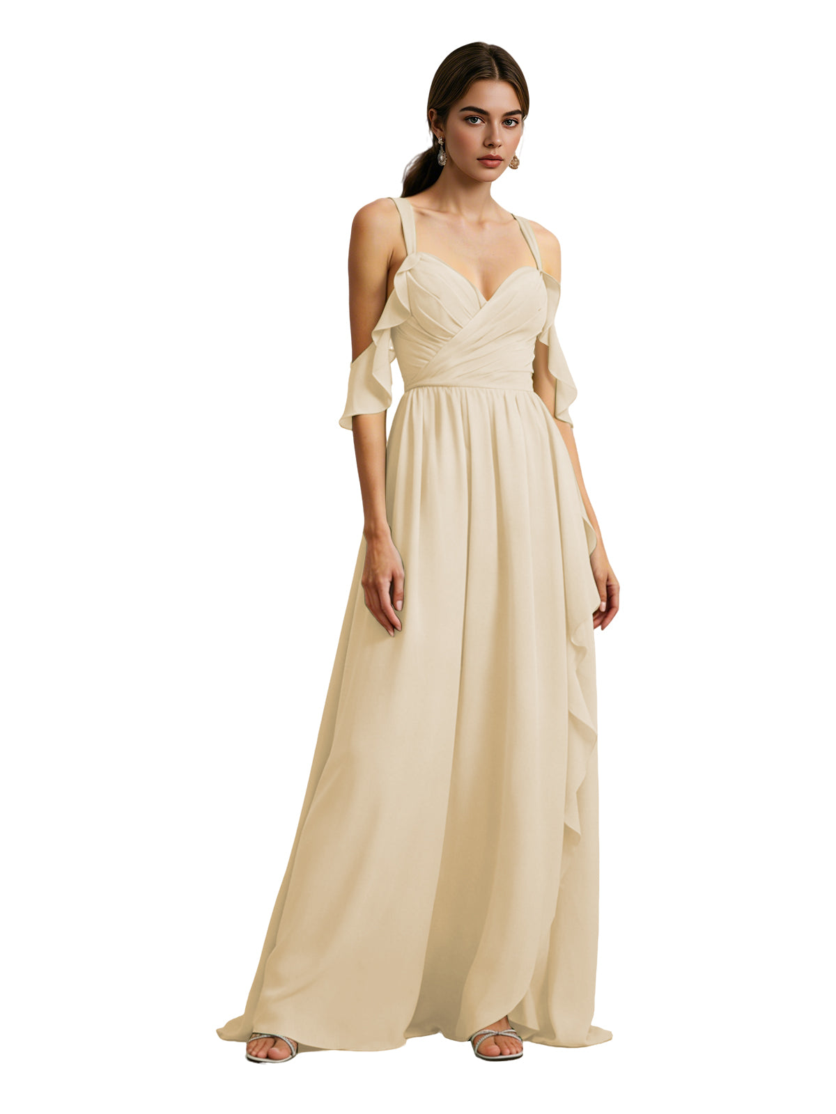 Cold Shoulder Chiffon Bridesmaid Dress with Draped V-Neck Bodice