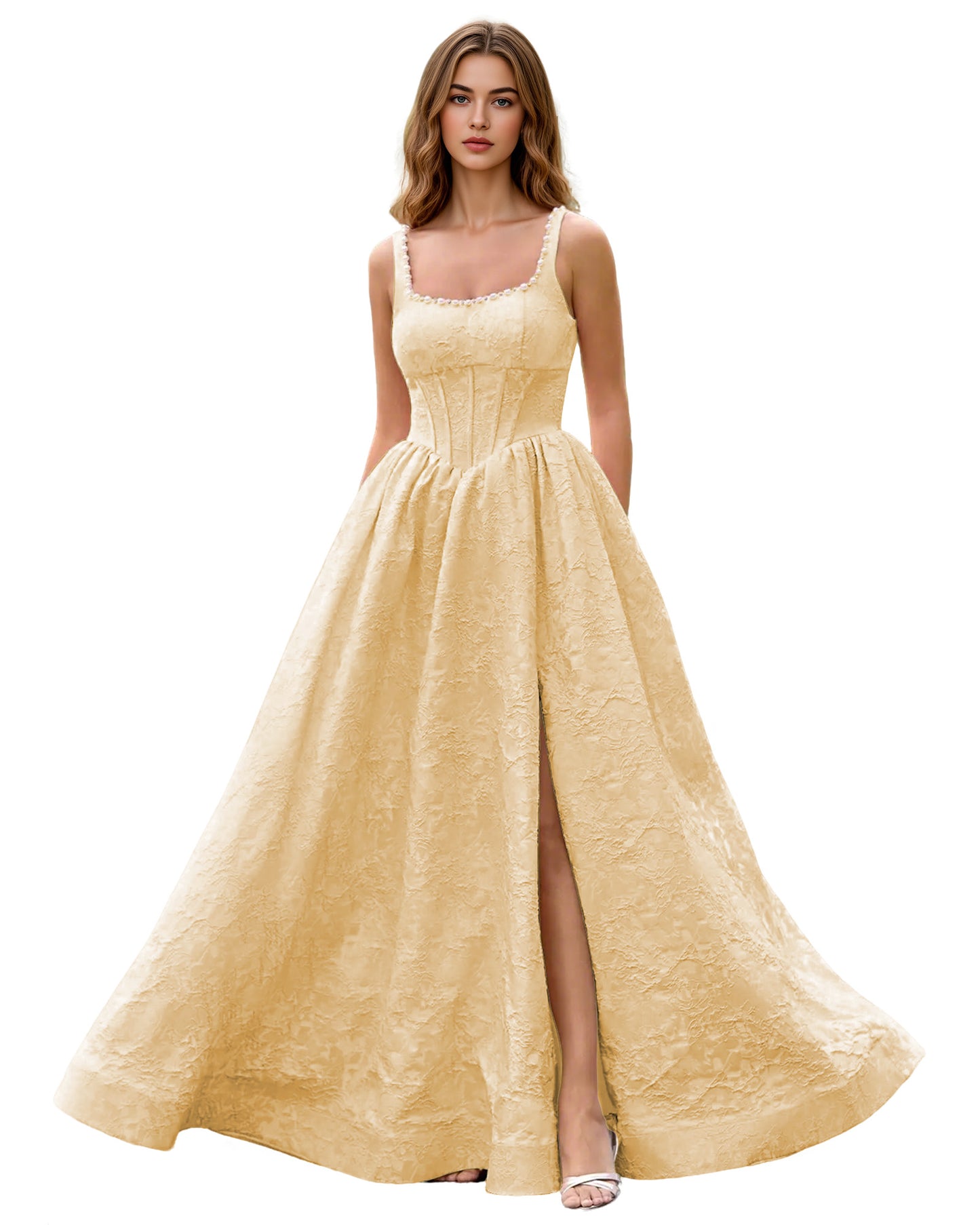 Square Neck Jacquard Ball Gown Prom Dress with Wide Straps and Pockets