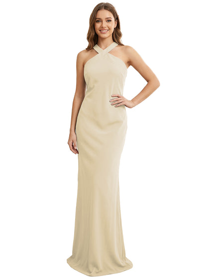 High Neck Halter Bridesmaid Dress with Sleek Column Silhouette