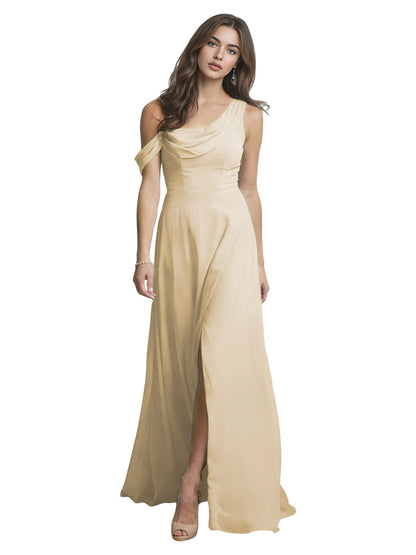 One Shoulder Satin Bridesmaid Dress with Draped Neckline and Slit