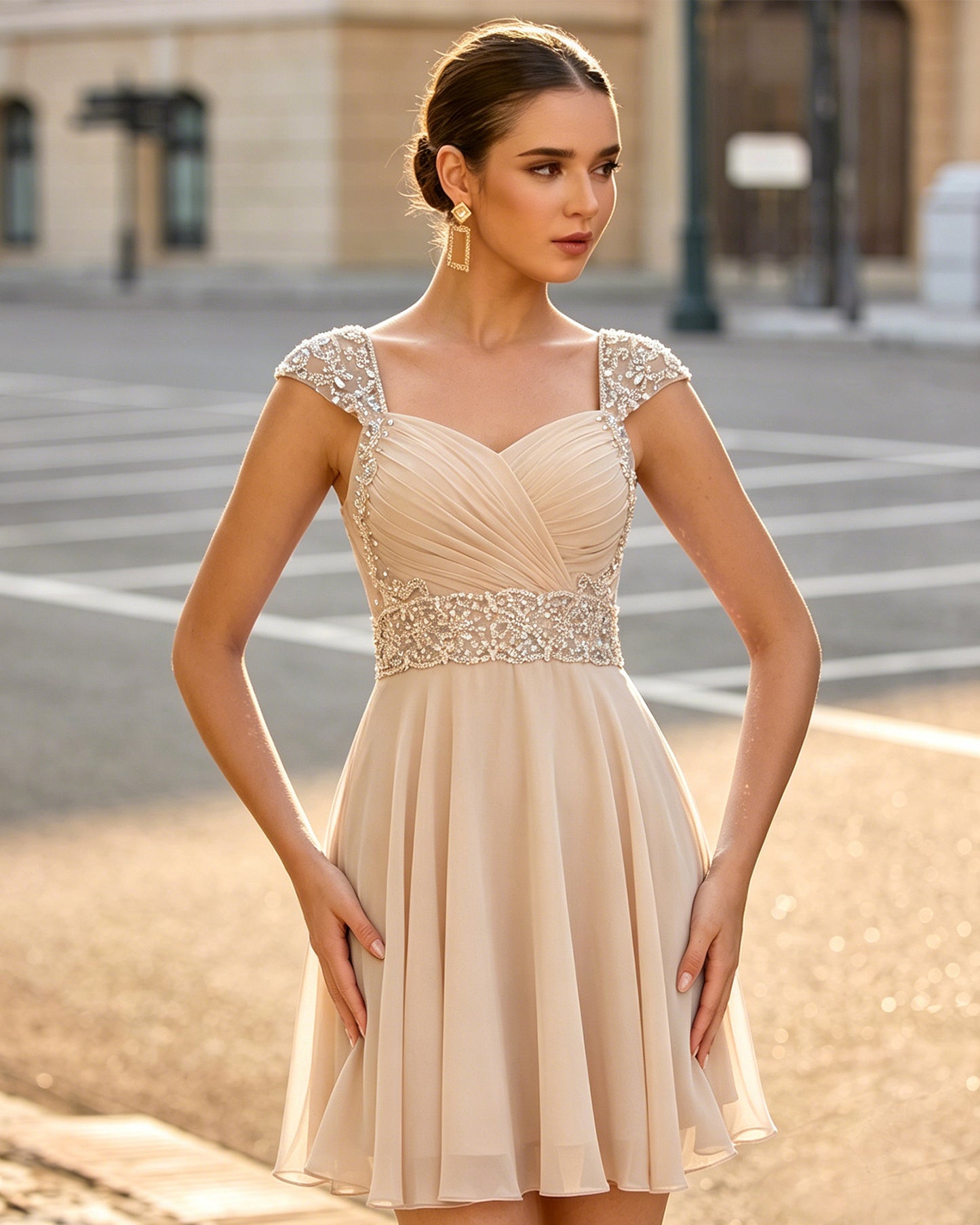 Sweetheart Ruched Chiffon Short Homecoming Dress with Beaded Cap Sleeves