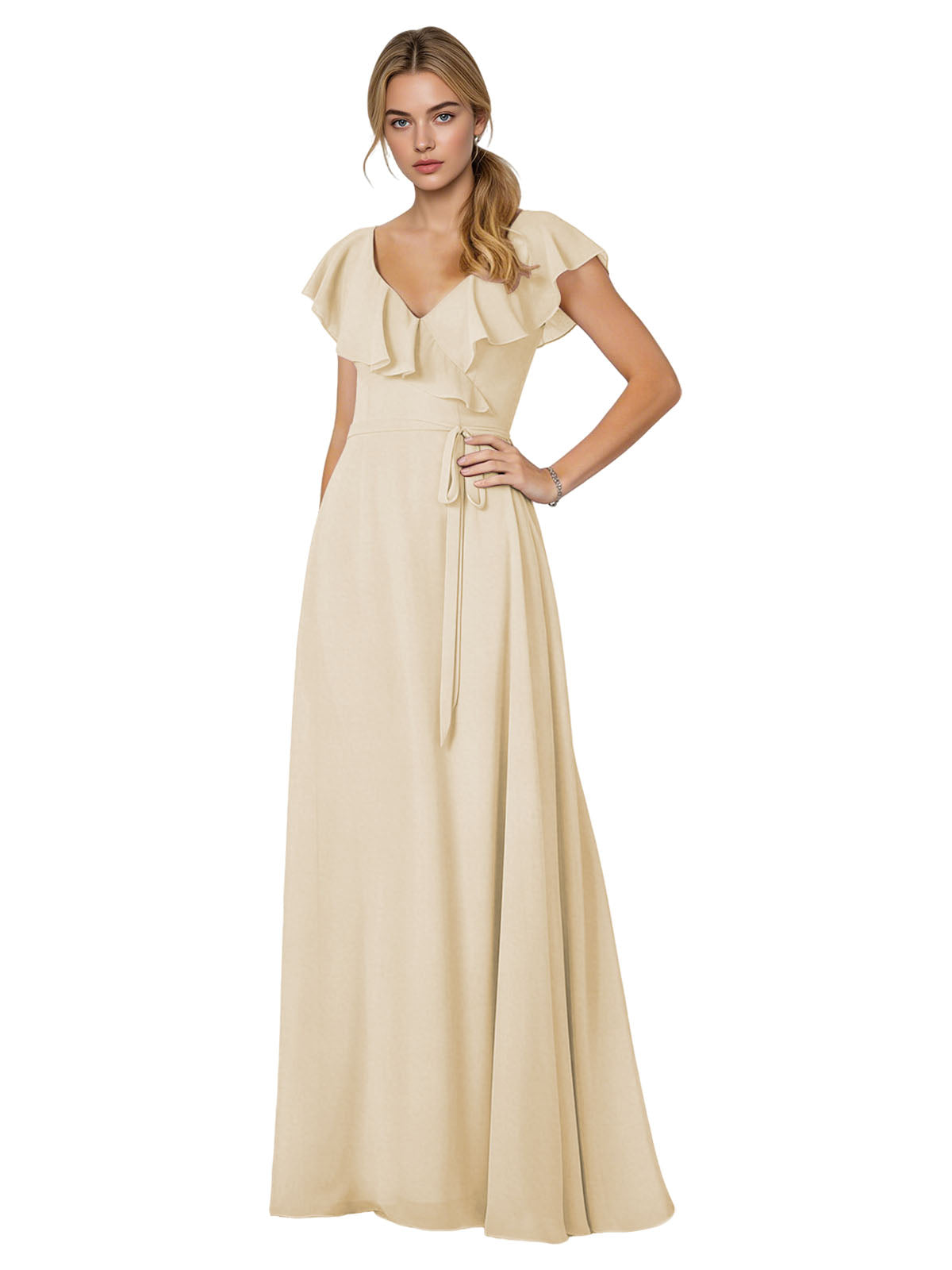 Tie Neck Chiffon Bridesmaid Dress with Flutter Sleeves