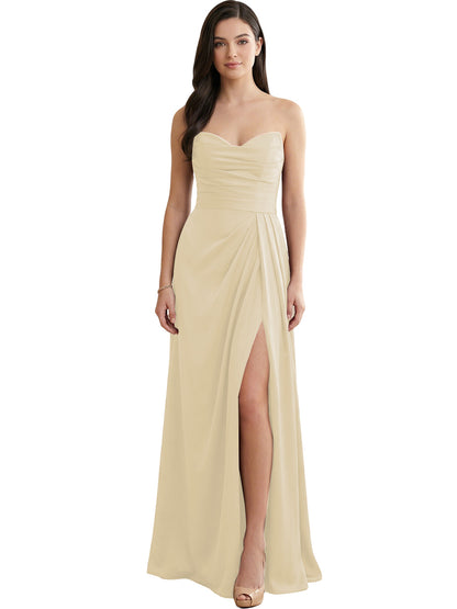 Strapless Pleated Satin Bridesmaid Dress with Side Slit
