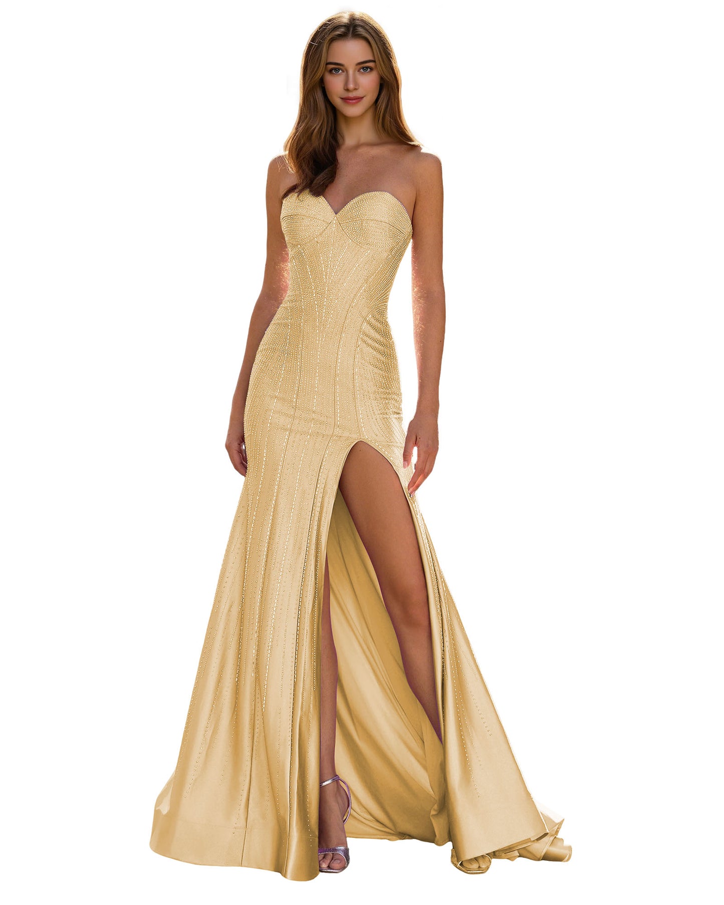 Strapless Sequin Column Prom Dress with Side Slit and Sweep Train