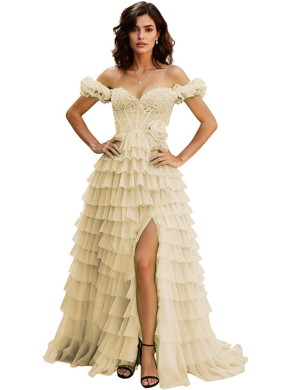 Off Shoulder Tulle Ball Gown Prom Dress with Ruffle Sleeves and Slit