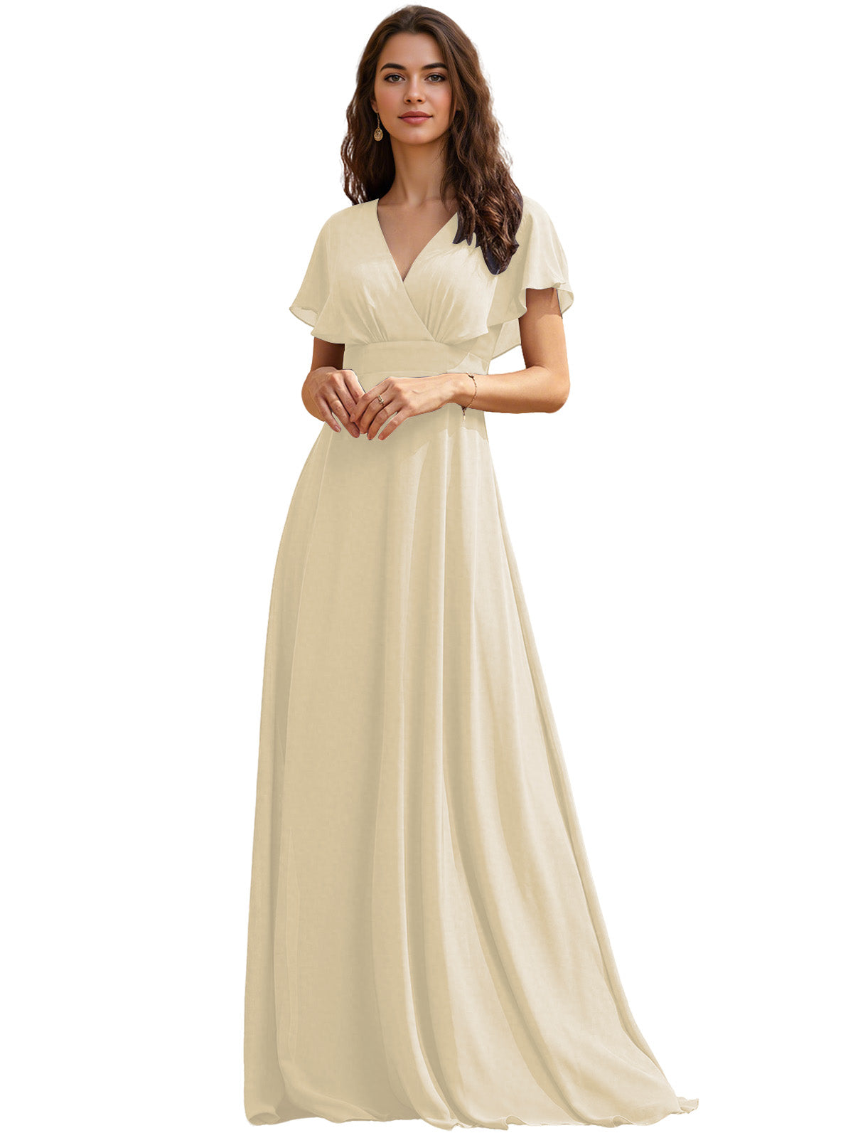 Flutter Sleeve V-Neck Chiffon Bridesmaid Dress with Flowing dress