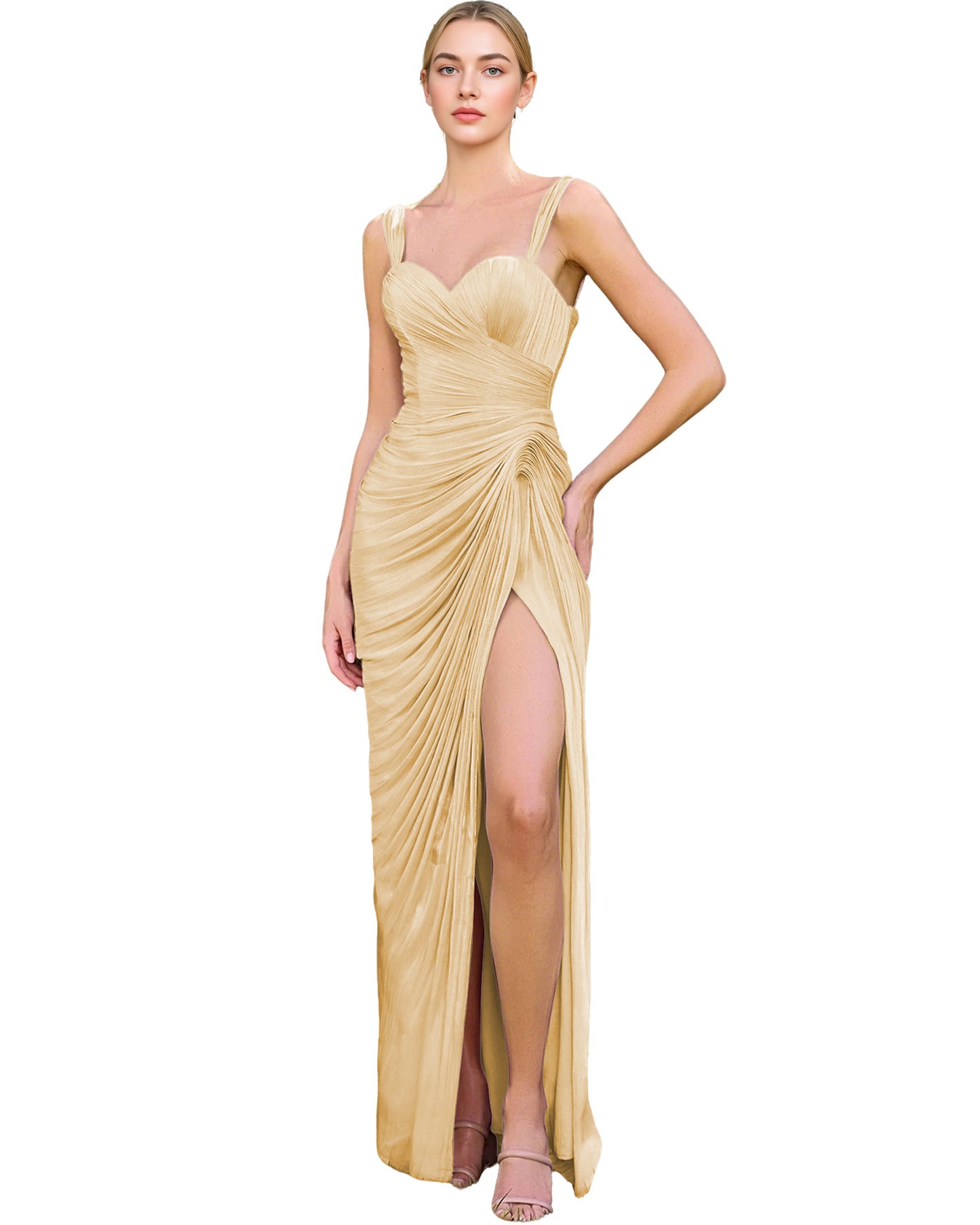 Spaghetti Strap Ruched Satin Sheath Prom Dress with Lace-Up Back and Slit