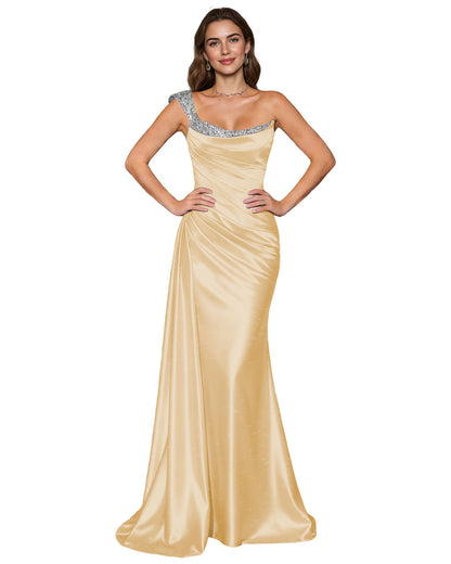 Spaghetti Strap Satin Mermaid Prom Dress with Draped Cowl Neck