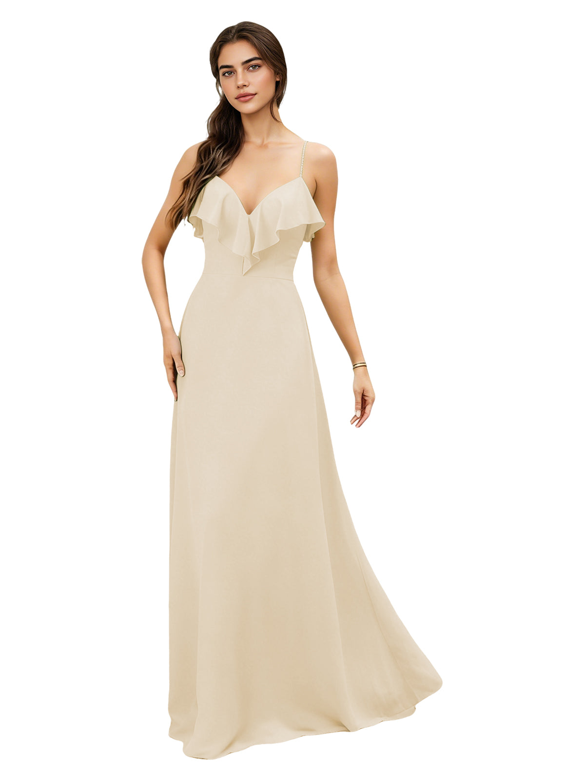 Ruffle V-Neck Chiffon Bridesmaid Dress with Spaghetti Straps