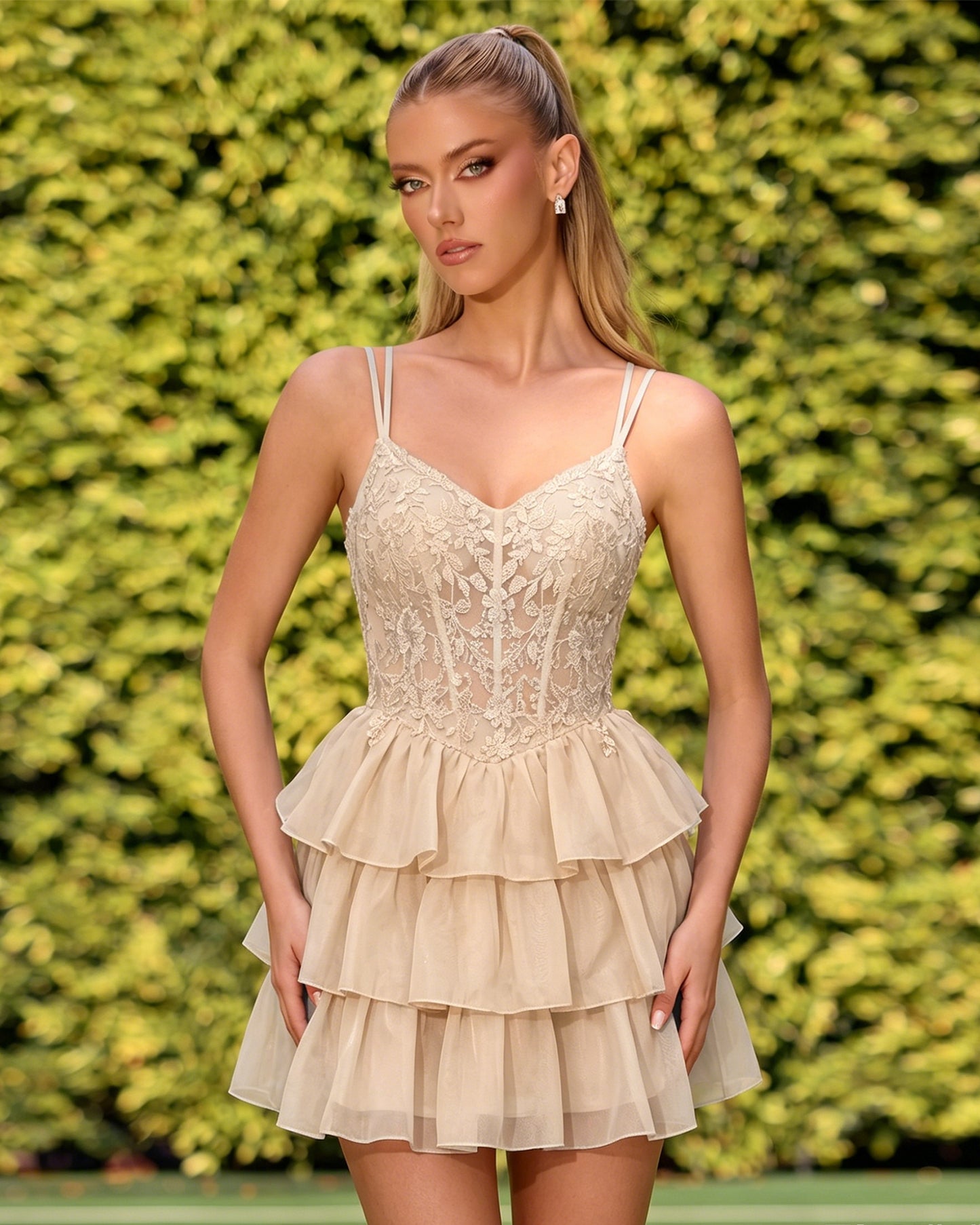 Double Strap Lace Corset Homecoming Dress with Tiered Tulle Skirt