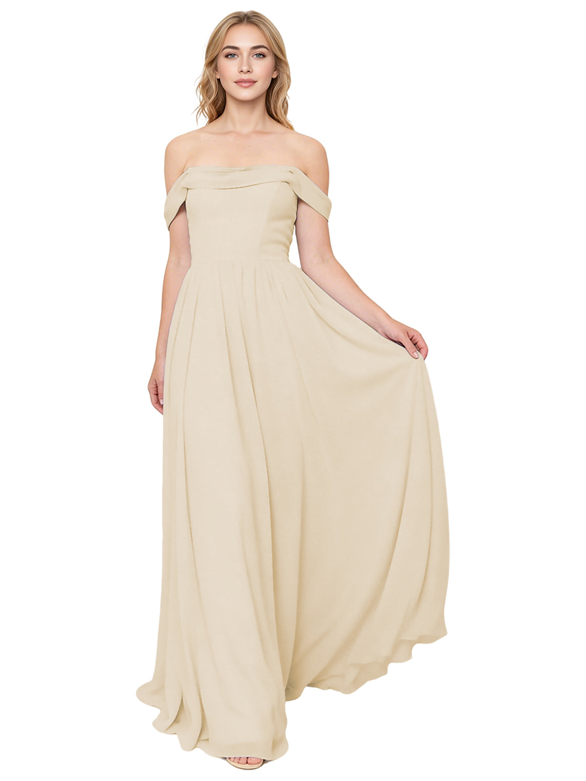 Off Shoulder Pleated Chiffon Bridesmaid Dress with Flowing A-Line Dress
