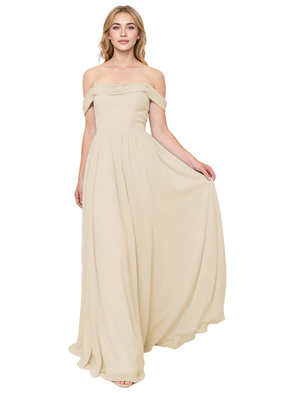 Off Shoulder Pleated Chiffon Bridesmaid Dress with Flowing A-Line Dress