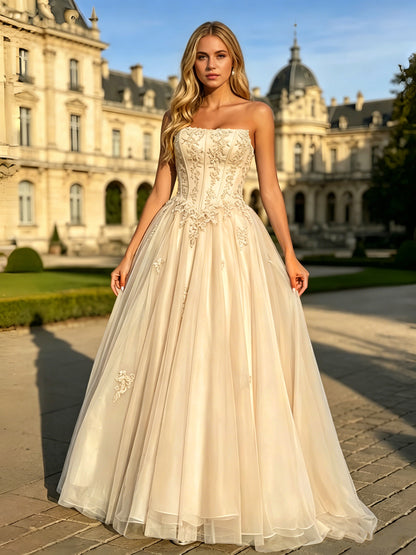 Strapless Lace Corset Ball Gown with Tulle A-Line Skirt