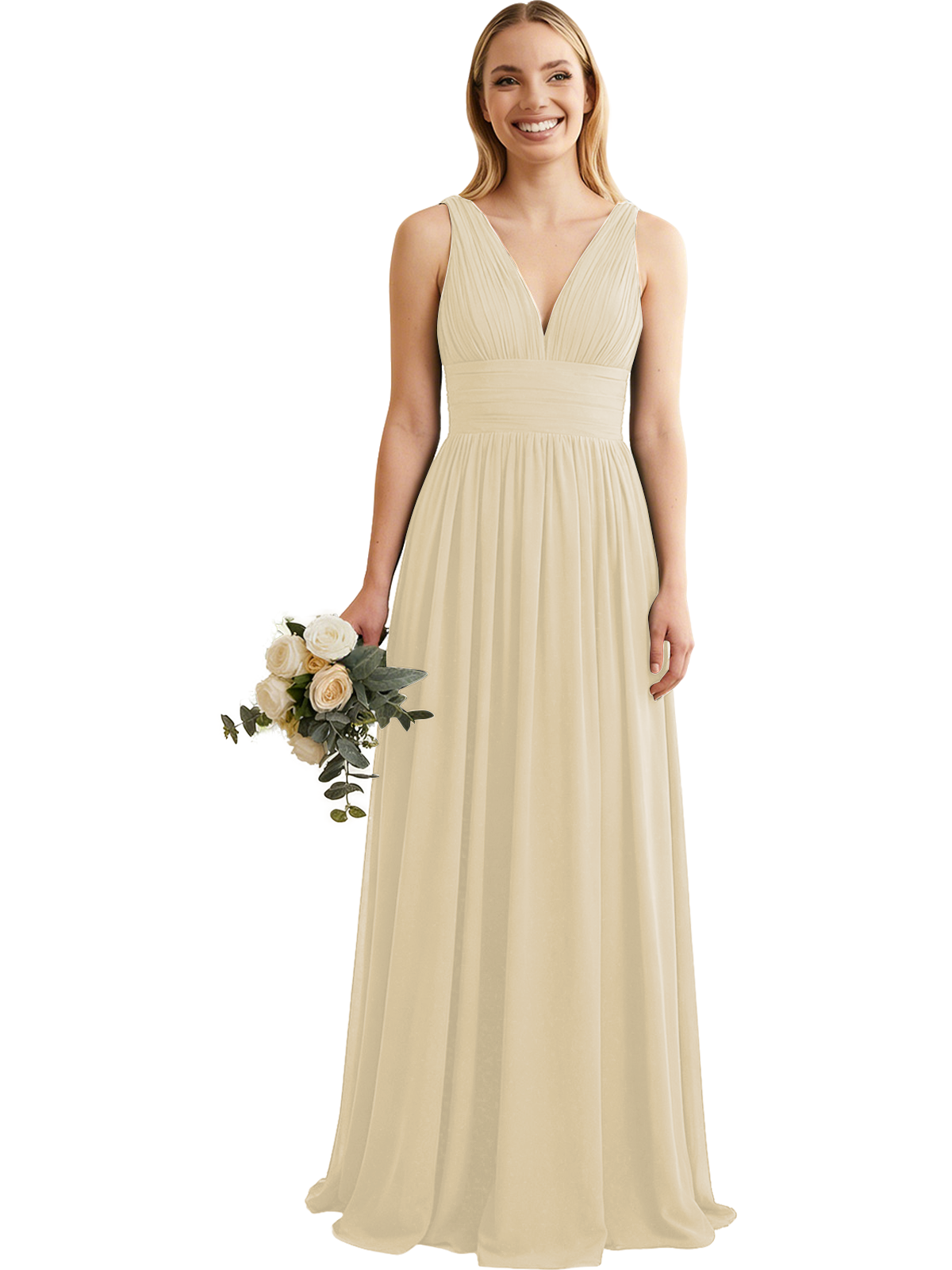 Deep V-Neck Chiffon Bridesmaid Dress with Pleated Waist